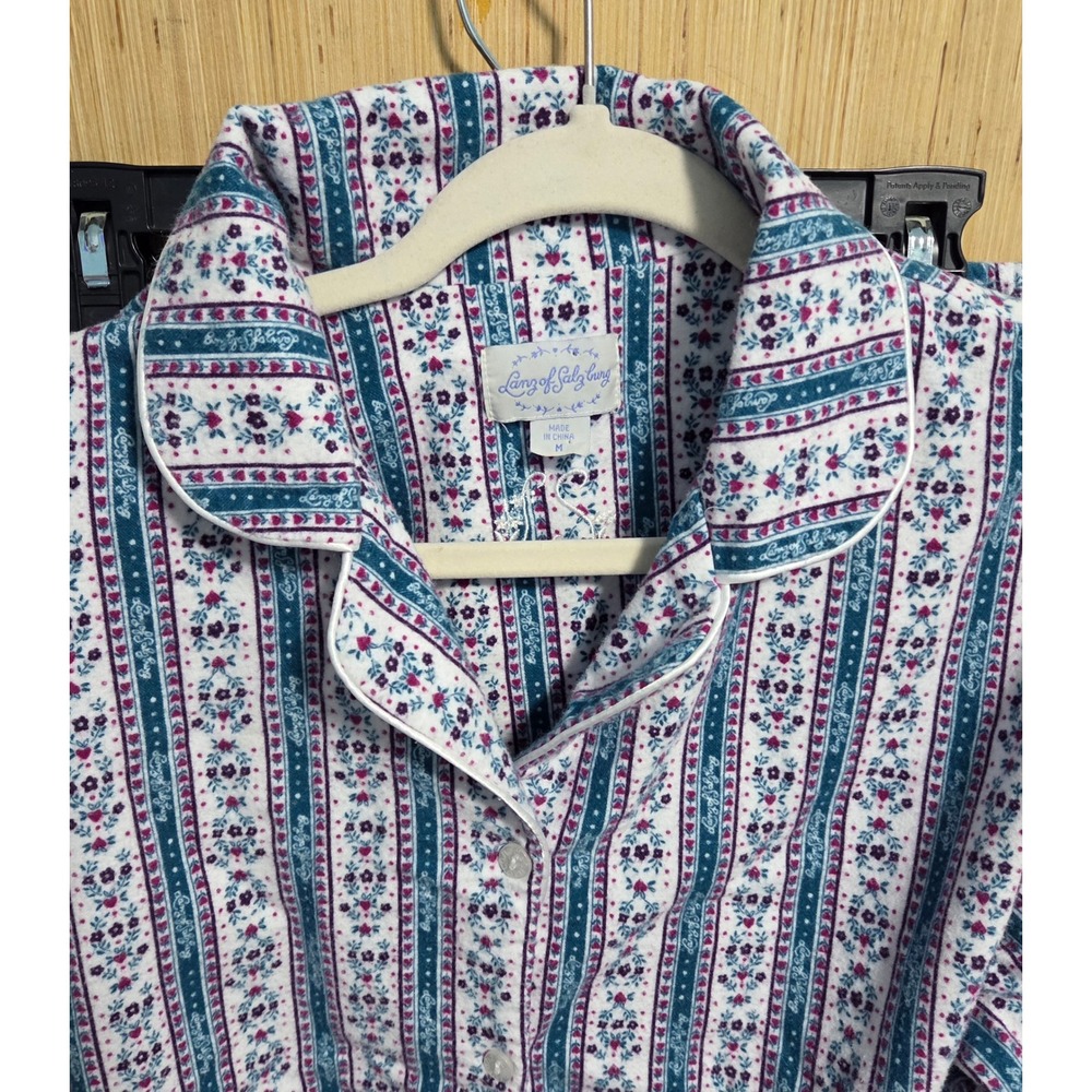 Lanz of Salzburg 2-piece Flannel Pajama Set Medium Floral Stripe Blue Purple - Picture 6 of 6